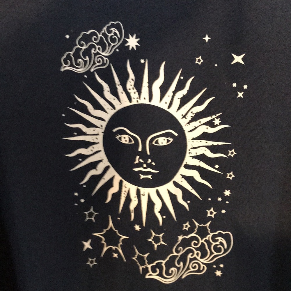 HOODIE SWEATSHIRT DARK BLUE SUN SIGN ON FRONT SIZE L BY RUMWE NWOT - Picture 3 of 5